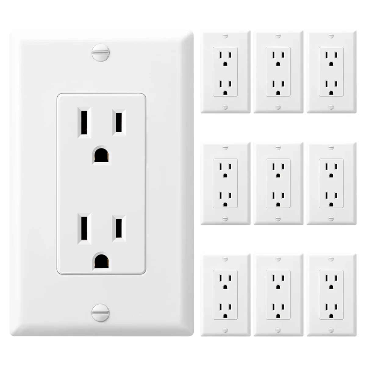 10 Pack Tamper-Resistant Electrical Outlet Decorator Receptacle Outlet with Wall Plate, 15A 125V, Self-Grounding