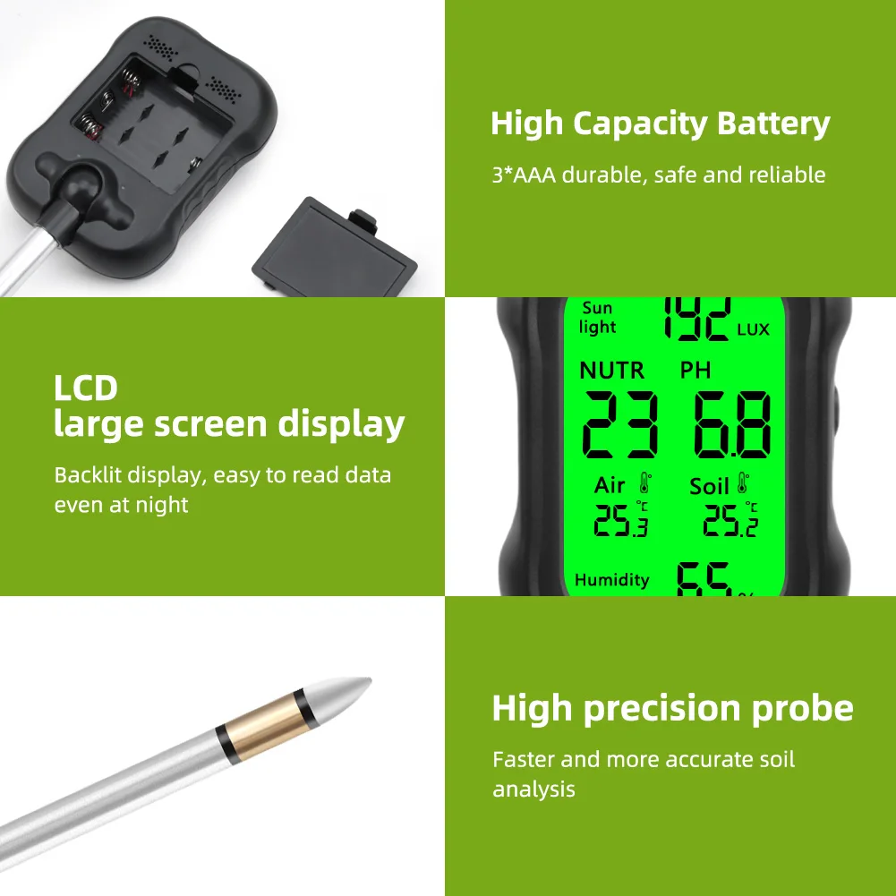 Yieryi LCD digitale 6-in-1 Tester del terreno PH Umidità Fertilità Luce solare Misuratore della temperatura dell'aria Monitor del suolo per piante da giardino agricole all'aperto