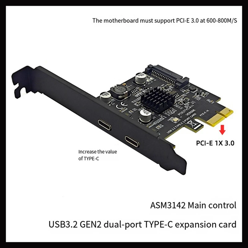 New 2Port TYPE-C PCIE Card PCI Express 3.0 X1 To Dual USB-C Expansion Card SATA Power USB3.2 Gen2 10Gbps ASM3142 Chip