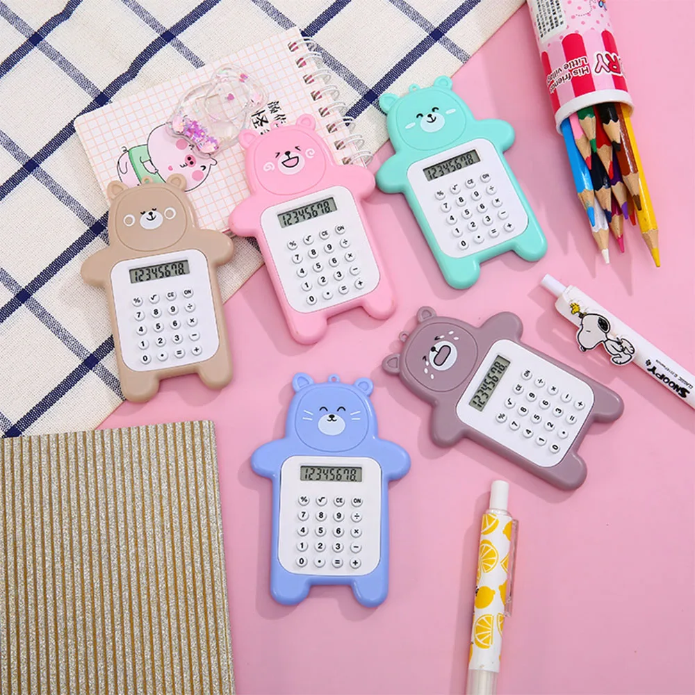 Mini calculadora portátil para criança, tamanho de bolso, botão ultra-fino, calculadora fofa, material escolar, 8 dígitos display, desenhos animados