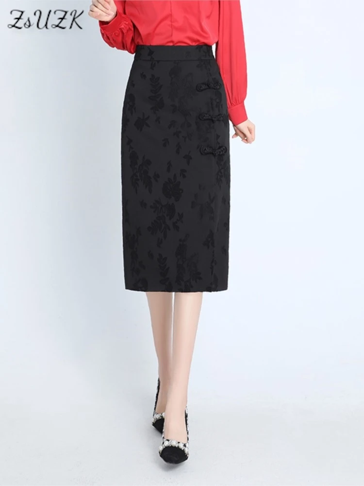 ZUZK Women Black Vintage Jacquard Skirt 2024 Elastic Waist Spirng New Chinese Style Slim Fit Split One Step Skirt