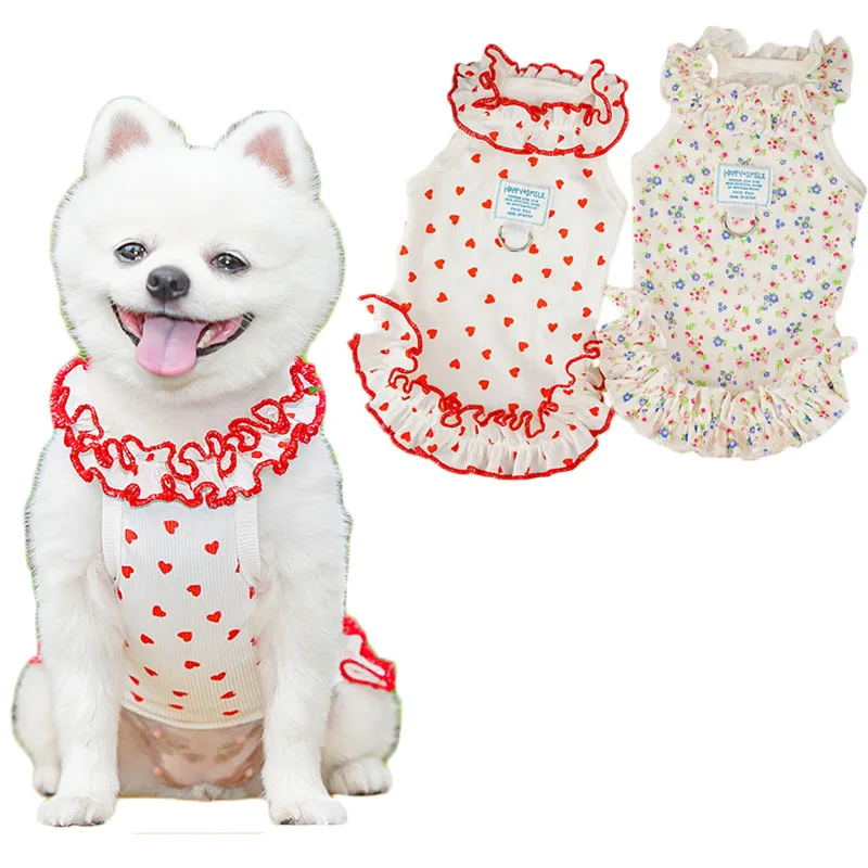 

Sweet Dog Clothes Lace Female Dog Dress Summer Floral Heart Pattern Puppy Clothing For Small Dogs Yorkie Pet Girls Sling Dresses