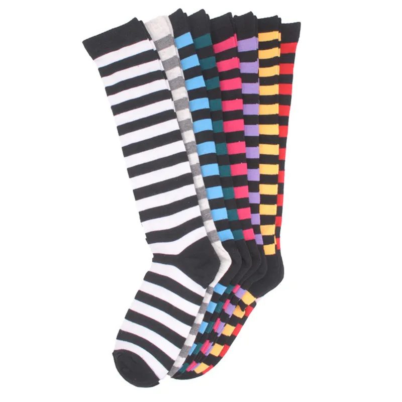 1 Pair Winter Women Girls Long Stripe Socks Printed Thigh High Striped Cotton Socks Sweet Cute Warm Plus Size Overknee Socks 양말