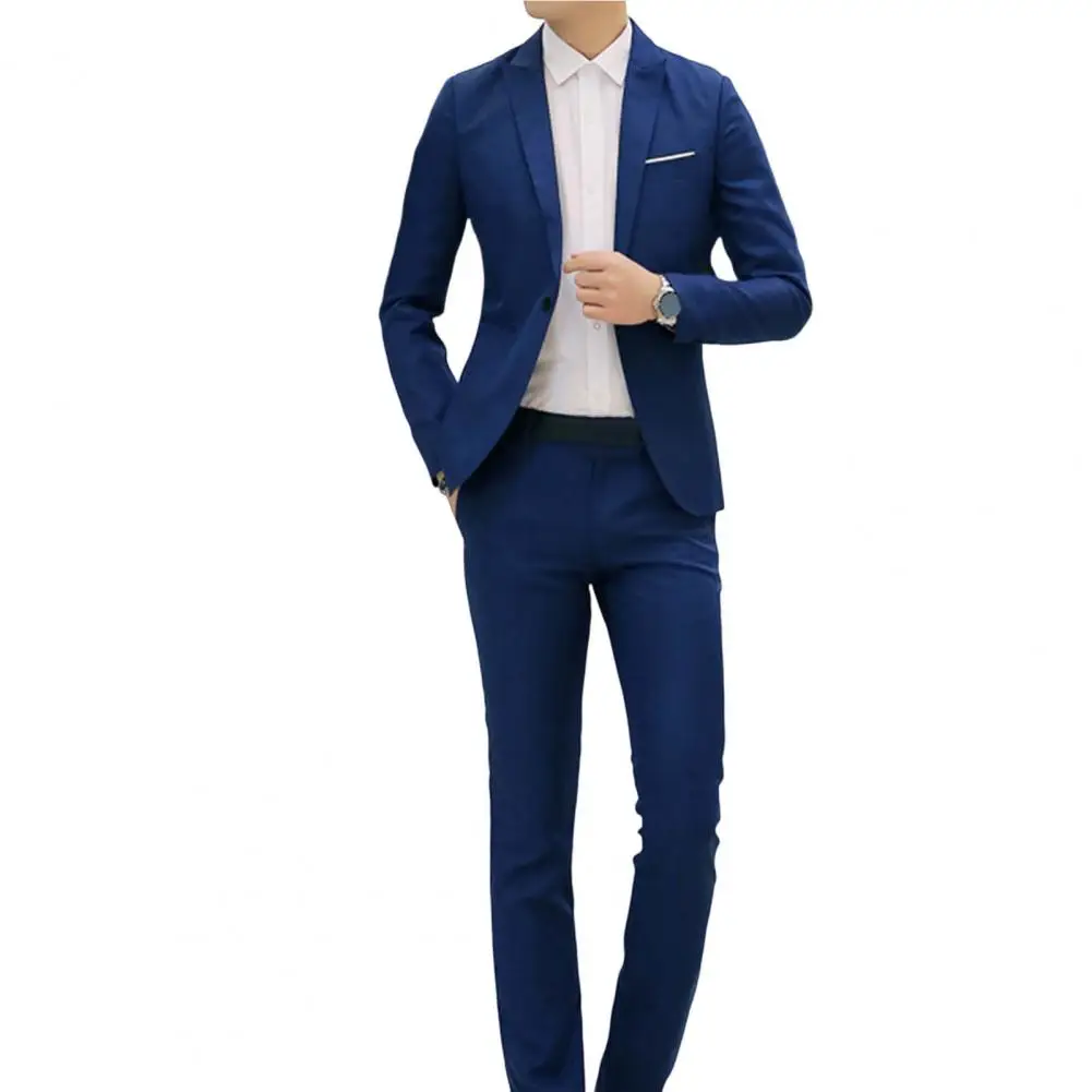 Stylish Suit Top Pants Male Solid Color Cozy Slimming One Button Formal Suit  Blazer Pants Pockets