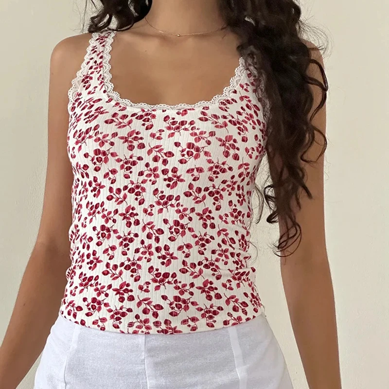 Cutest Lace Trim Slilm Fit Crop Tops Y2k Summer Basic Clothes Floral/Letter Print Sleeveless Shirt Vest Women Casual Tank Tops