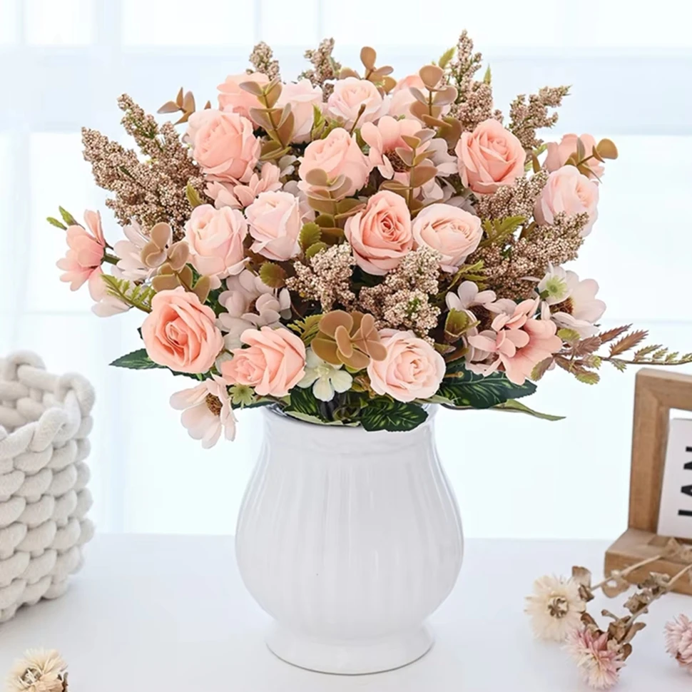 

1pc Artificial Flowers Roses Silk Wedding Wreath Home Room Table vase fillers Outdoor Courtyard Decor DIY Graft Bridal Bouquets