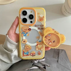 Magnetic Holder Phone Case for Iphone16 15 14 13ProMax 3D Cartoon Butter Bear High Quality  Shockproof Soft Cute Anti-drop Cover