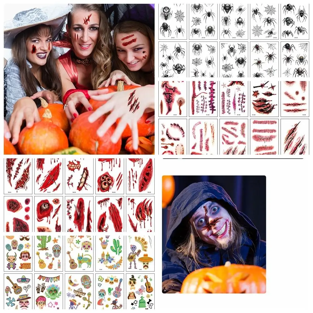 10 Sheets/Set Face Patch Halloween Temporary Tattoos Waterproof Scar Spider Design Tattoo Stickers Spider Scar Lifelike DIY