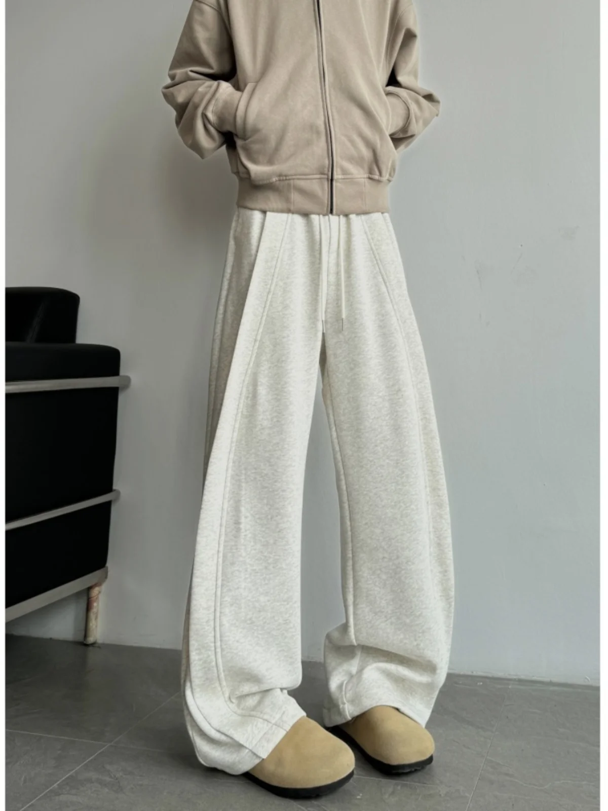 American Sle Pantaloni sportivi casual con giunture pesanti Design ampio a gamba larga da uomo Primavera Autunno Tubo dritto bianco