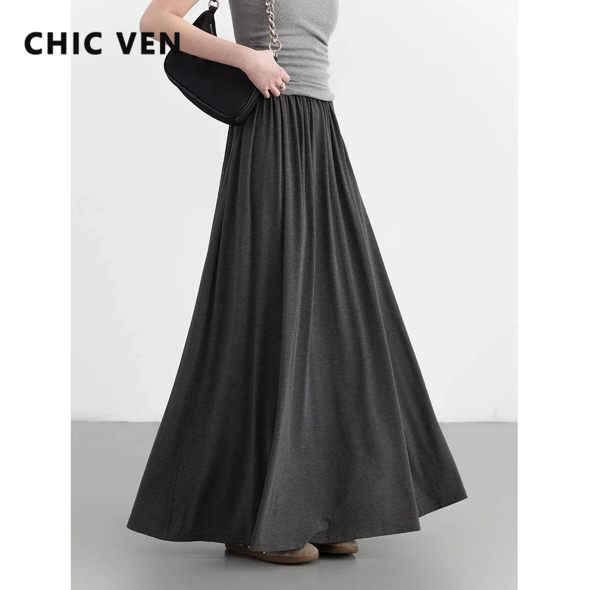 CHIC VEN Women Skirts A Line Fold Solid Loose Elastic High Waisted Long Skirt Female Skirt Office Lady Summer 2024