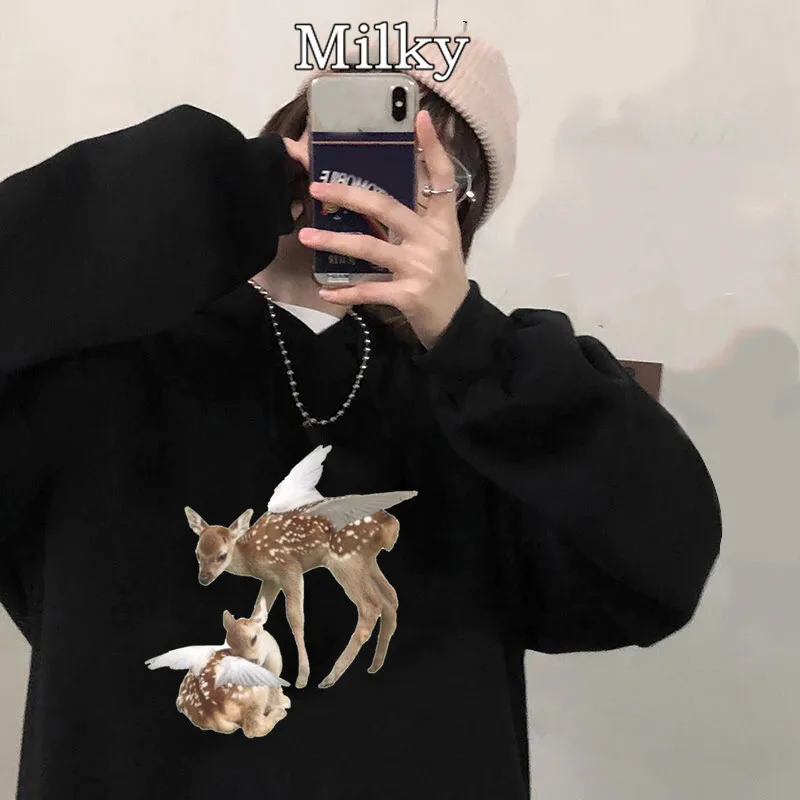 

90s Retro Street Angel Deer Hoodies Women Loose Streetwear Sports Oversized Sweatshirts Autumn and Winter Trendy Hoodie 2021