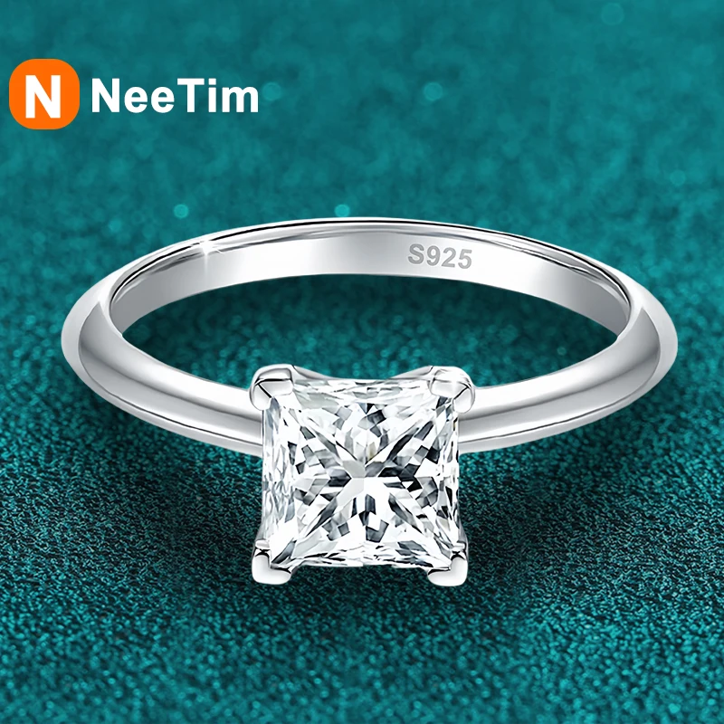 

NeeTim 2ct VVS1 Princess Cut Moissanite Diamond Ring for Women S925 Sterling Silver Eternity Band Wedding Party Jewelry with GRA