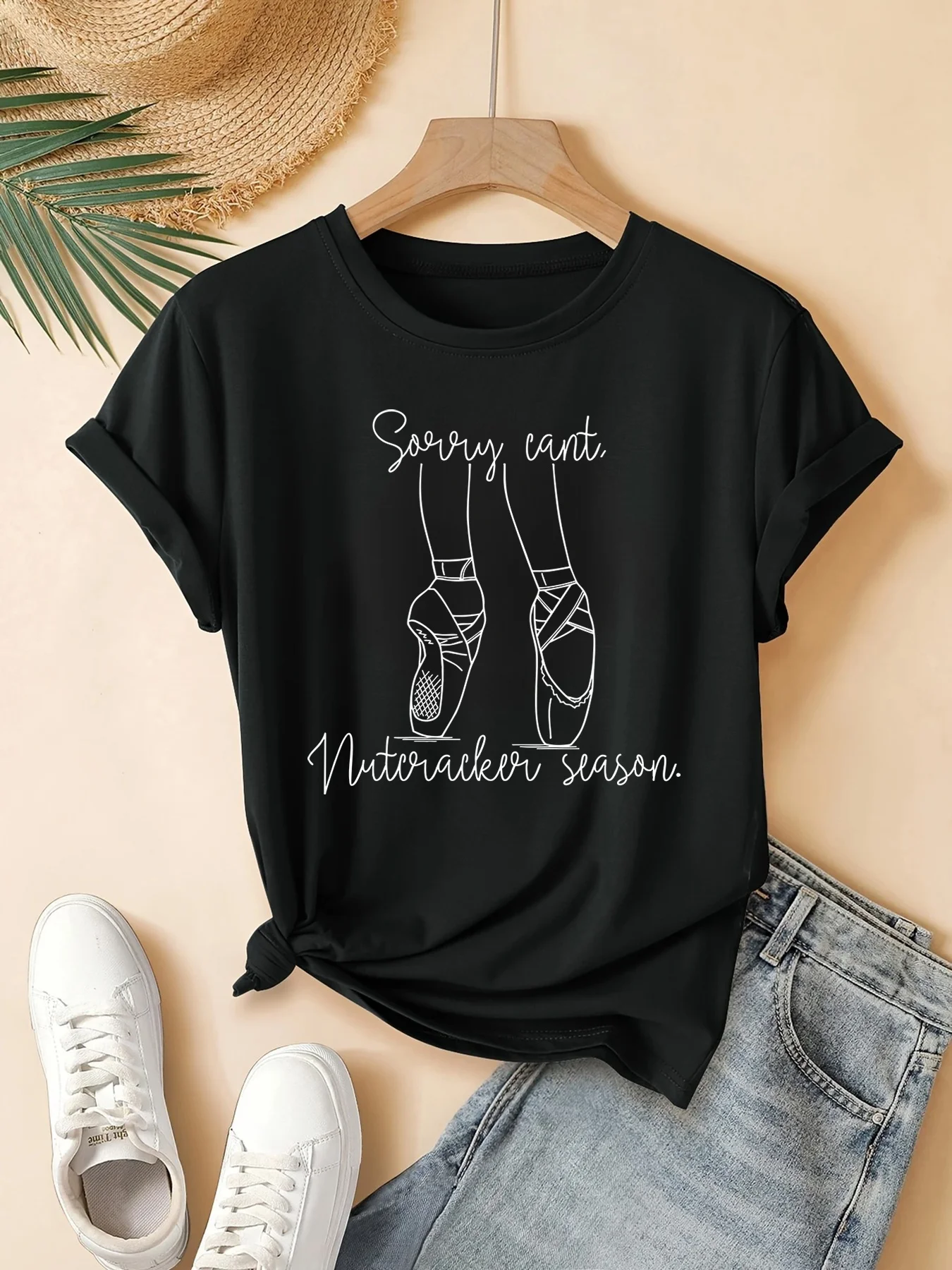 Women's ballet pointed-toe shoe pattern T-shirt with "Sorry I didn't hear" slogan print, short-sleeved top