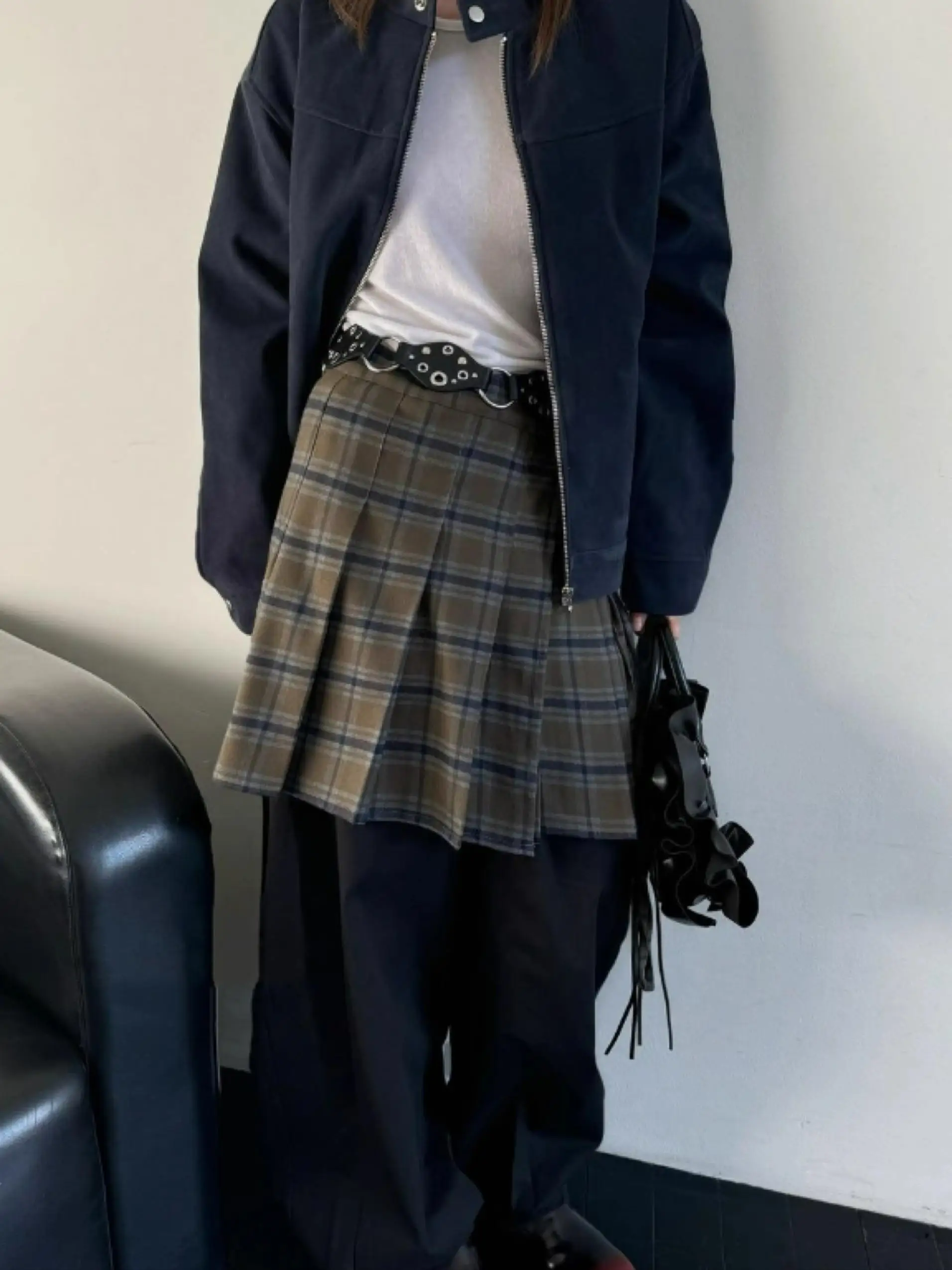 

Retro Plaid Folded Waist High Waist Skirt ort Length A-Line Silhouette Commute Sle Unique Design f-length Skirt