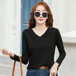 #0505 Black White Yellow Red Long Sleeve T Shirt Women V-neck Cotton Slim Streetwear Tshirt Elegant Office T Shirt Girl Spring