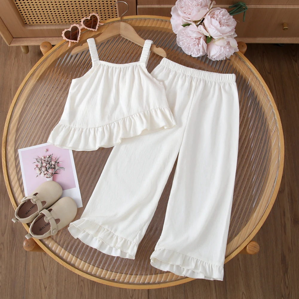 Kinderkleidung Mädchen Sommer Mode Schleifenknoten Unregelmäßiger Trägerrock + Weite Hosen Sets Kinder Alltags-Freizeitkleidung – Detail 3