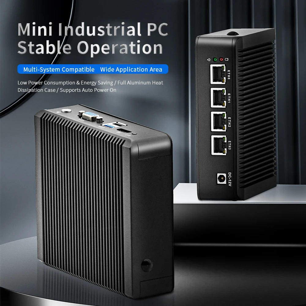 Mini PC industriale senza ventola Chatreey Intel N2840 MR03 Computer desktop Win 10 Pro con 4 * Intel LAN i225, 1 COM, 2 USB per Linux