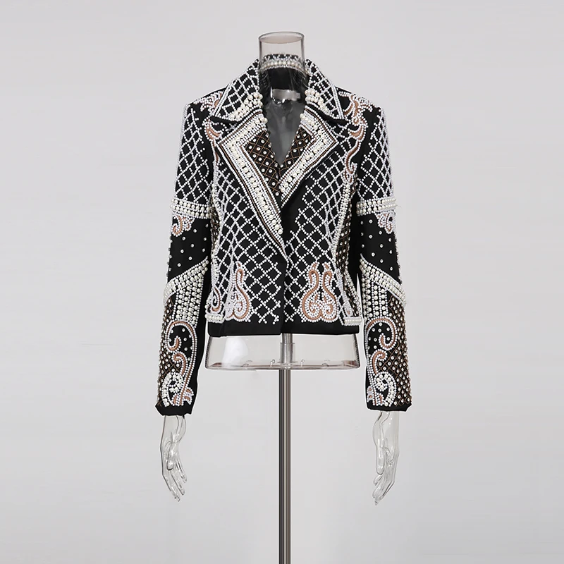 TWOTWINSTYLE Hit Color Spliced Pearl Jackets for Women Lapel Long Sleeve Designer Chic Coats Female Fashion New