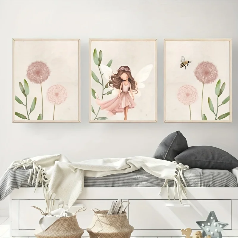 

3pcs Pink Dandelion Flowers Canvas Art Fairy Painting Prints for School Home Living Room Bedroom Decor Dandelion Wall Art