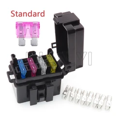 1 Set 4 Way AC Assembly Standard Blade Type Car Plastic Insurance Box with 8pcs Terminal Middle Black Car Fuse Holder