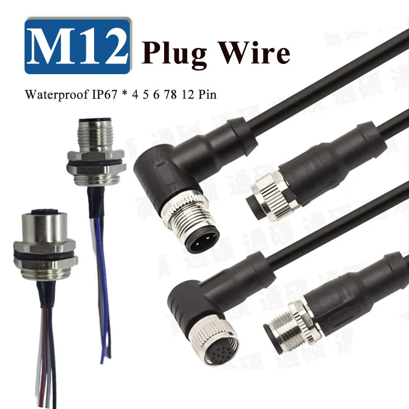 

M12 Aviation Plug Wire 4pin 5pin 6pin 8pin 12pin Male Female Straight Head with 2 M Cable Flange Seat Waterproof Elbow Connector