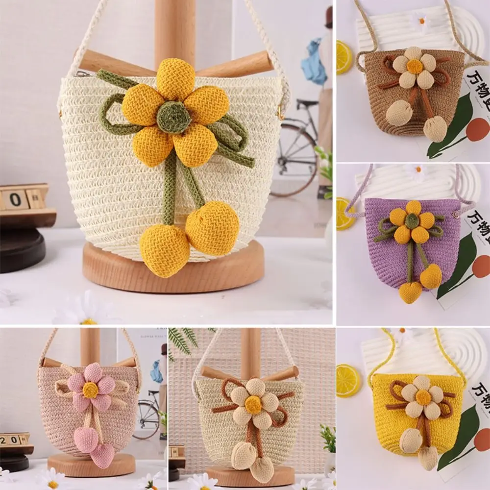

Fashion Flower Straw Bag Mini Handmade Summer Beach Shoulder Bag Colorful Zipper Kids Coin Purse