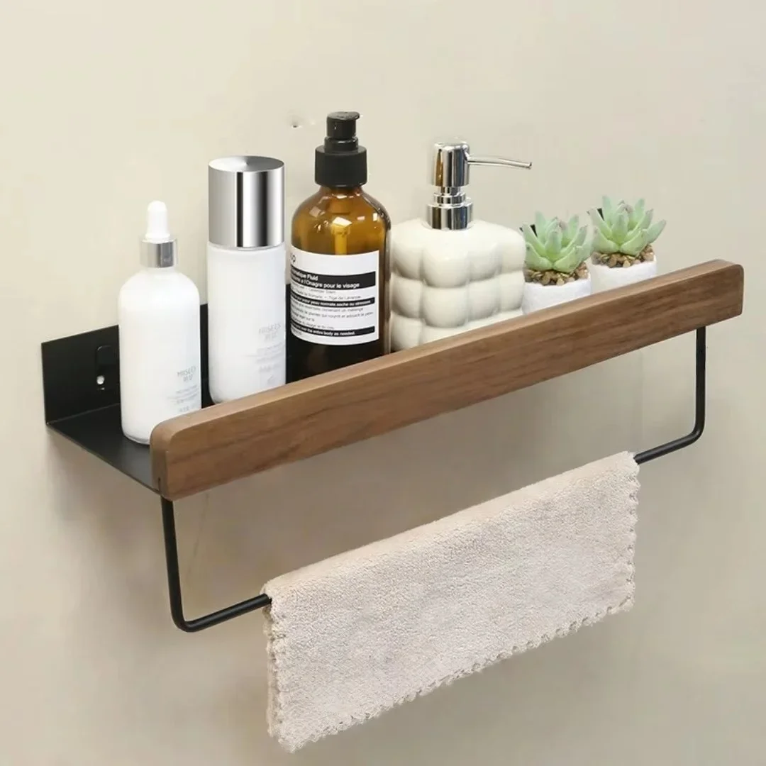 Black Bathroom Storage Holder Bath Shower Shelf Aluminum Wood Bathroom Corner shelf  Bath Caddy Rack Kitchen Storage hol