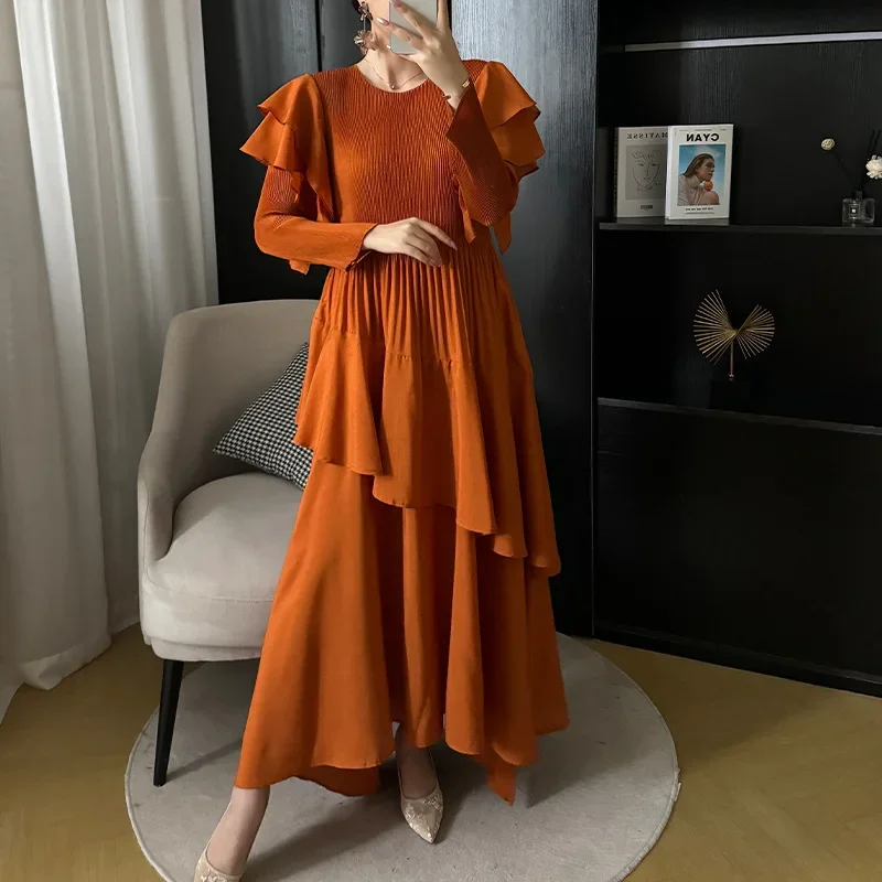 Pleats Original Ruffled Pleated Long Dress 2024 Spring New Swing Thin Drag Floor Women's Dresses Loose Casual Women Clothing