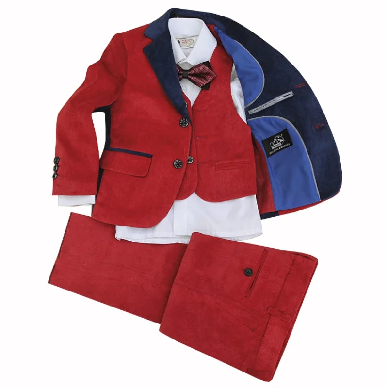 

4 Pieces jacket+vest+pants +bow tie Children Formal Suit Jacket Wedding boys Dress Suit sets Colour red size 2years -12 years