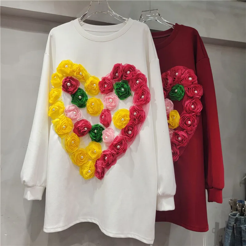 [EWQ] Embroidered Flares Sweet 3D Floral Design Female Sweatshirt Patchwork Beautiful Women Loose Tops 2024 Autumn New 16O1617