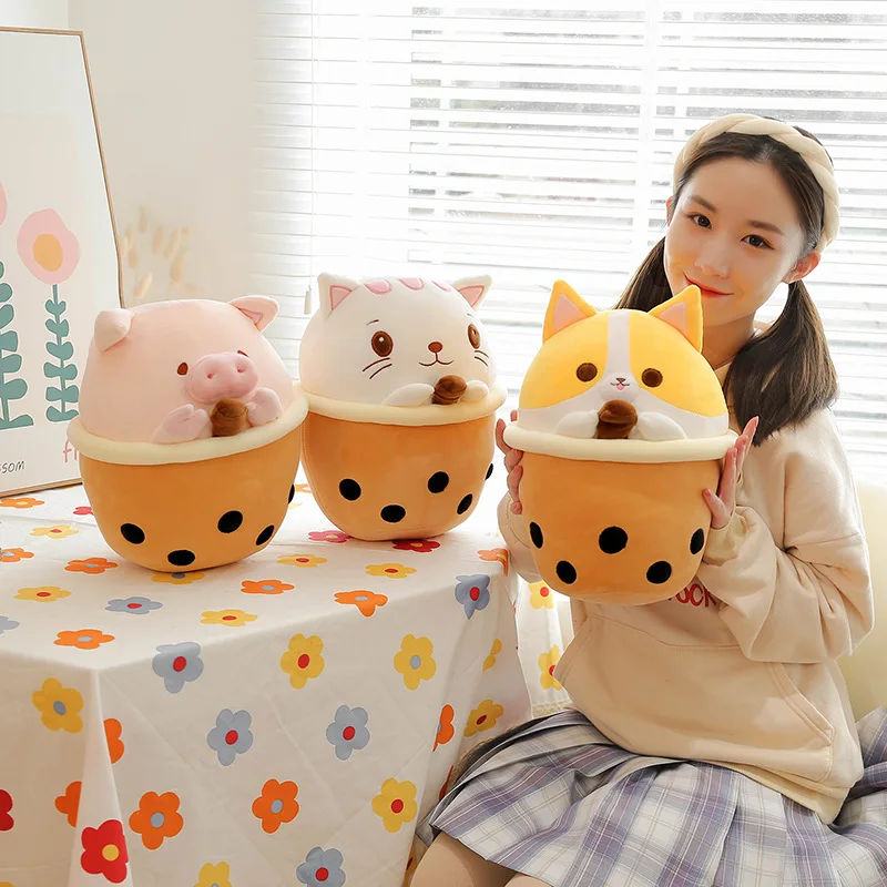 Cute Cartoon Bubble Tea Cup Shaped Pillow Real Life Pearl Milk Tea Plush Toy Stuffed Soft Funny Cat Claw Food Doll Children Gift