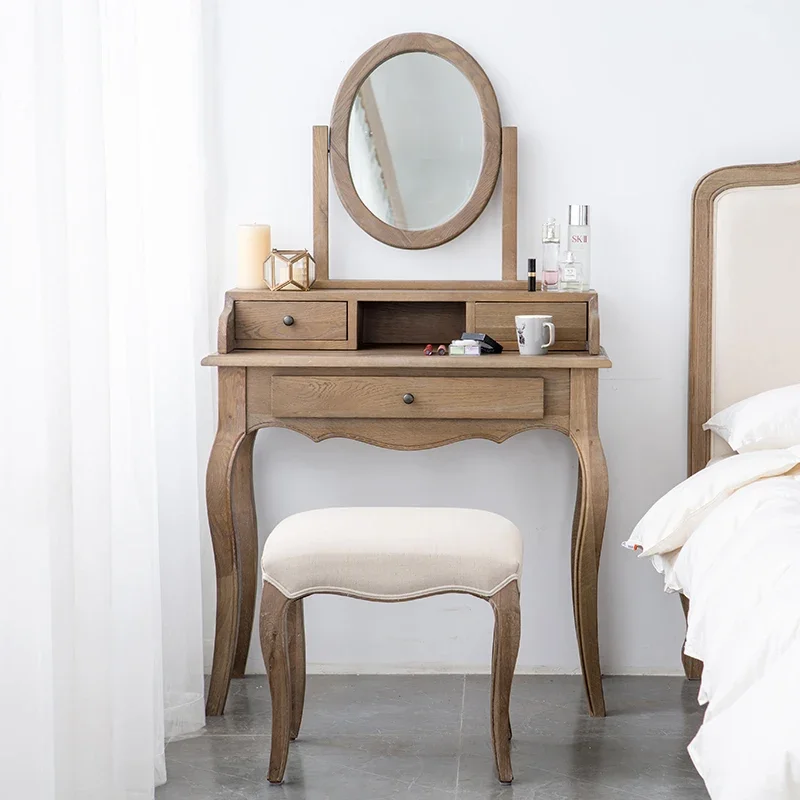 

Country oak solid wood dresser with drawers, small apartment, simple log vanity mirror, desk