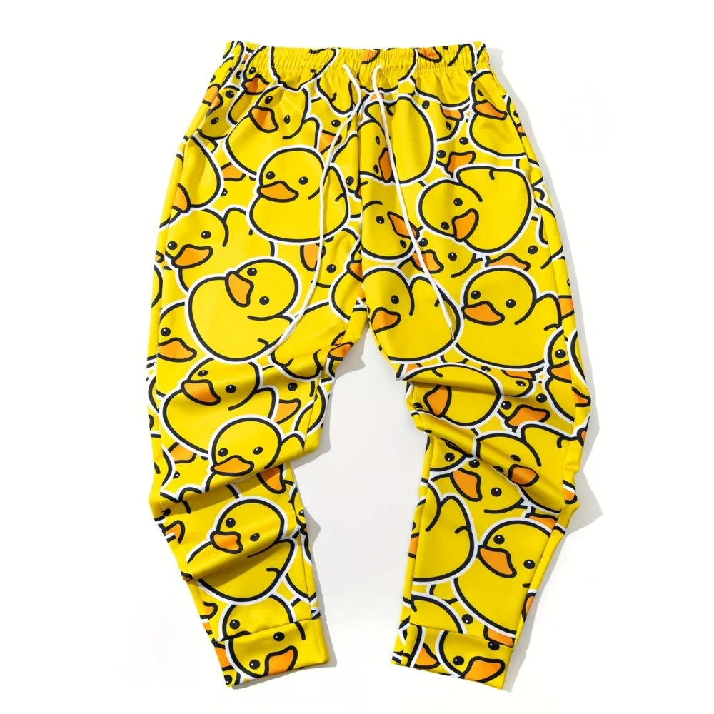 

Мужские спортивные штаны 2026, джоггеры из полиэстера с рисунком желтой утки, приталенные повседневные брюки для отдыха с карманами, весенне-осенняя уличная одежда