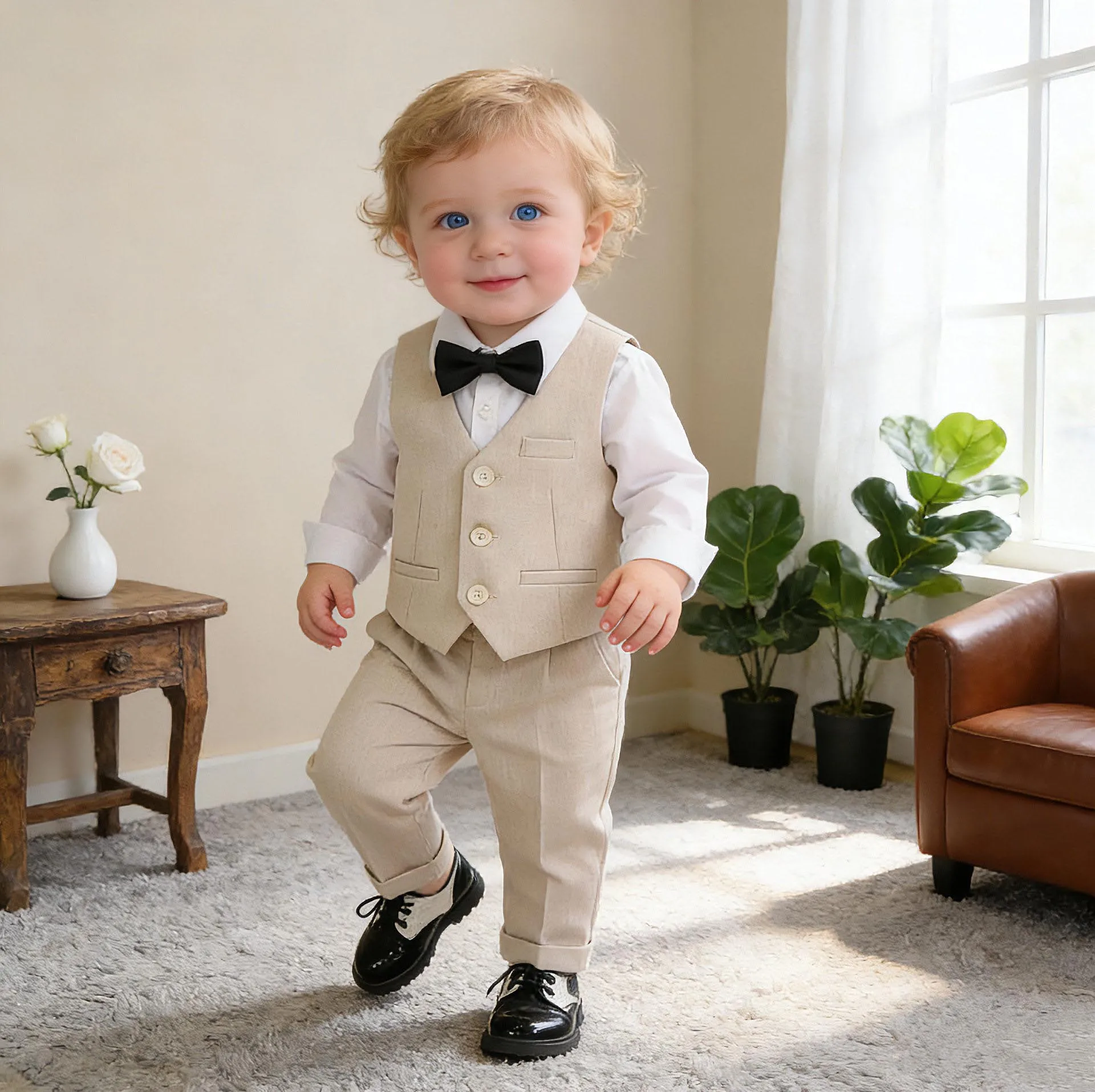 Little Boys Summer Vest Shirt Pants Bowtie Birthday Photography Suit Baby Kids Wedding Dress Children Host Performance Costume