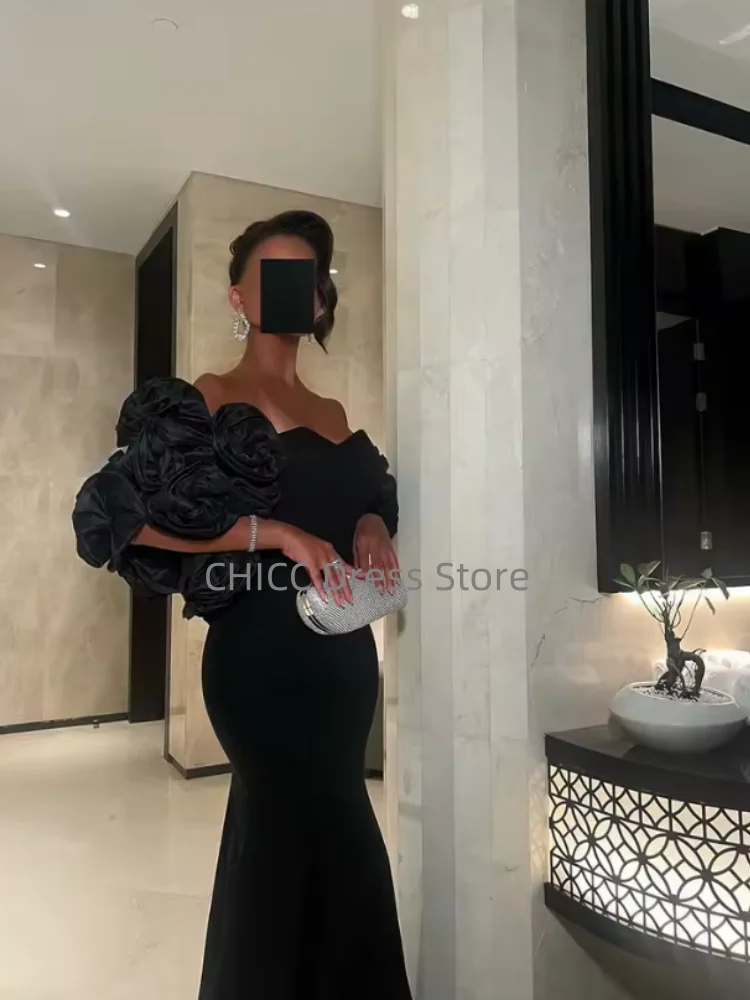 Arabic Evening Dresses Sweetheart Black Mermaid Prom Dress Flower Sleeves Women Party Gown Customized فساتين سهرة