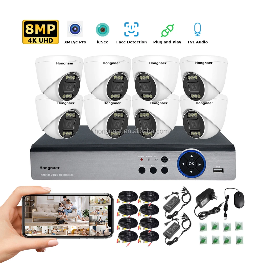 2026 Hongnaer 8MP Face Detection Home DVR 8 Channel Digital Video Recorder Security CCTV Camera Set Kit System AHD 4K Surveil Sy