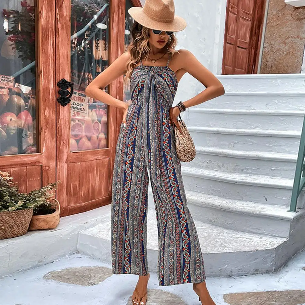 

Women Jumpsuit Ethnic Style Printed Jumpsuit with Lace-up Detail Adjustable Spaghetti Straps for Women Wide Leg Vacation Outfit