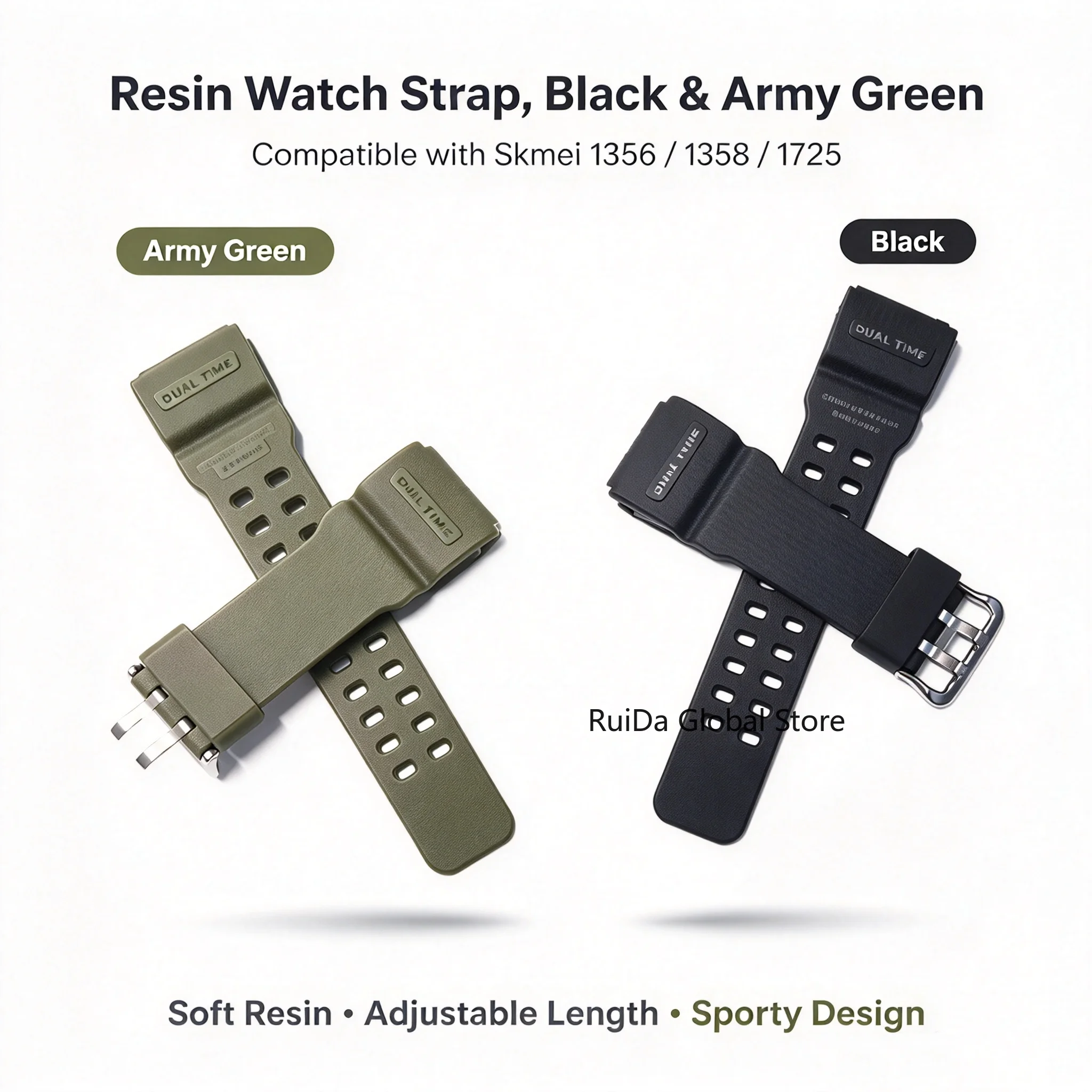 Soft Resin Watch Band for Skmei 1356/1358/1725, Durable Sports Watch Strap with Secure Metal Buckle Adjustable Length