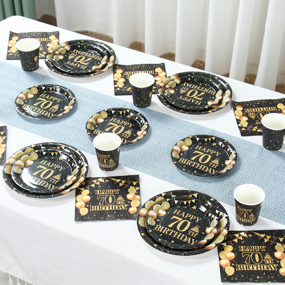 70th حفلة عيد ميلاد أدوات المائدة أطباق ورقية المناديل أكواب الذهب الأسود عيد ميلاد الديكور الرجال النساء 70 سنة عيد ميلاد الديكور