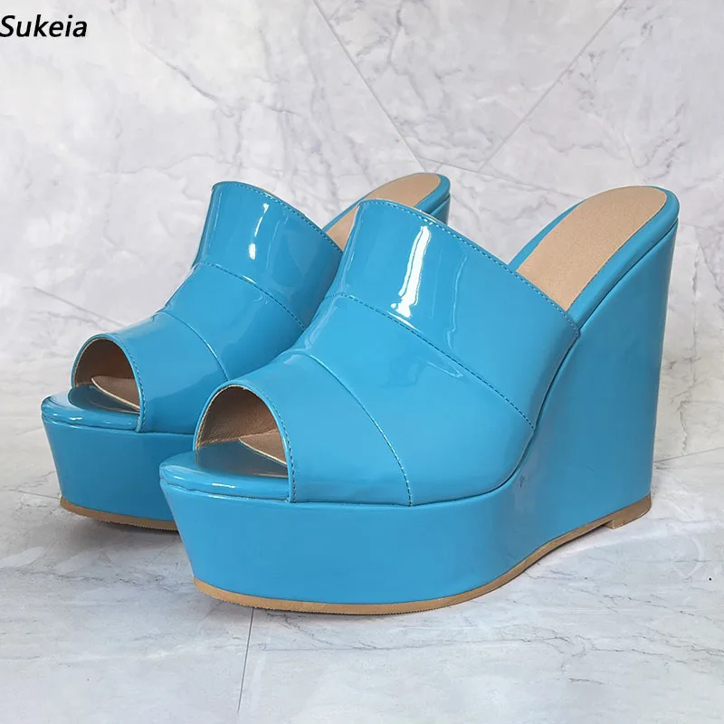 

Sukeia Handmade Women Platform Mules Sandals Wedges High Heels Round Toe Beautiful Sky Blue Casual Shoes Ladies US Size 4-20