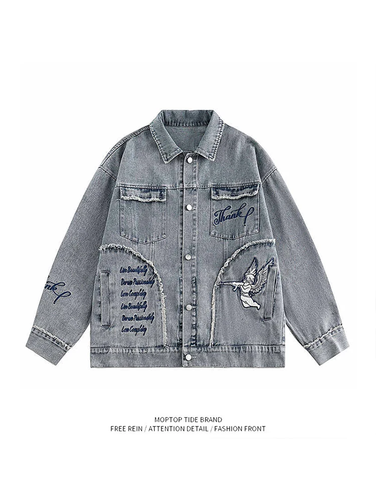 

Mr. WH American Sle Angel Embroidery Denim Jaet Casual Retro Hip Hop Couple's Baseball Outfit ex Spring Autumn Wear