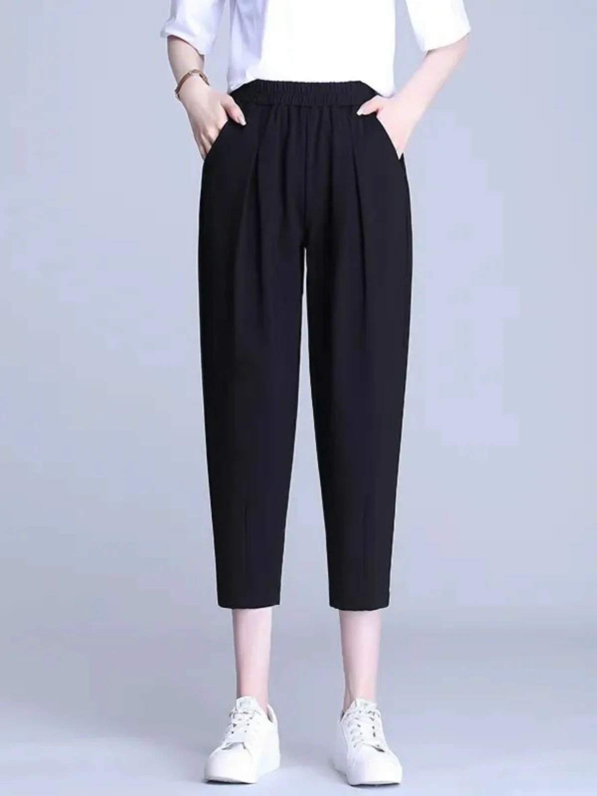 

Летние тонкие свободные брюки-кароты для женщин, большие размеры, с высокой талией, асимметричные, в стиле «папины брюки»