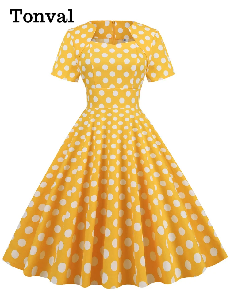 Tonval Polka Dot Print 1950s Retro Clothing Women Cotton Dress Sweetheart Neck Short Sleeve Summer A-Line Vintage Midi Dresses