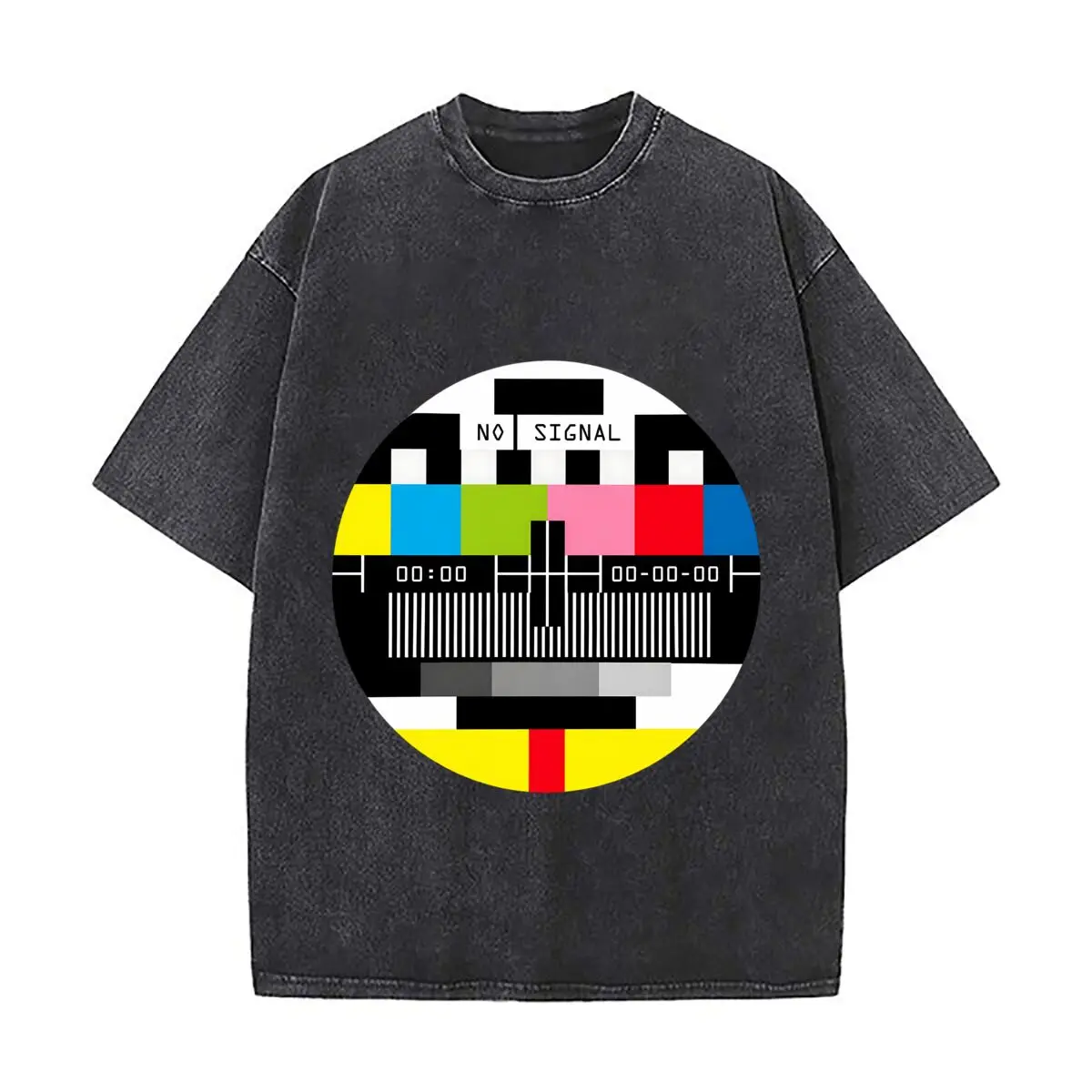 No Signal Color Bar Test Pattern Zero Zero Washed Short Sleeve Loose Streetwear Tee Hip Hop
