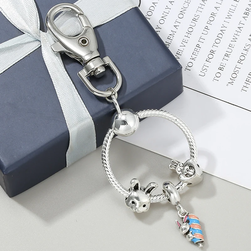 Cute Rabbit Keychain Charm Rainbow Bear Pendant For Women Bag Car KeyRing Mobile Phone Brand Jewelry Accessories Kids Girl Gift