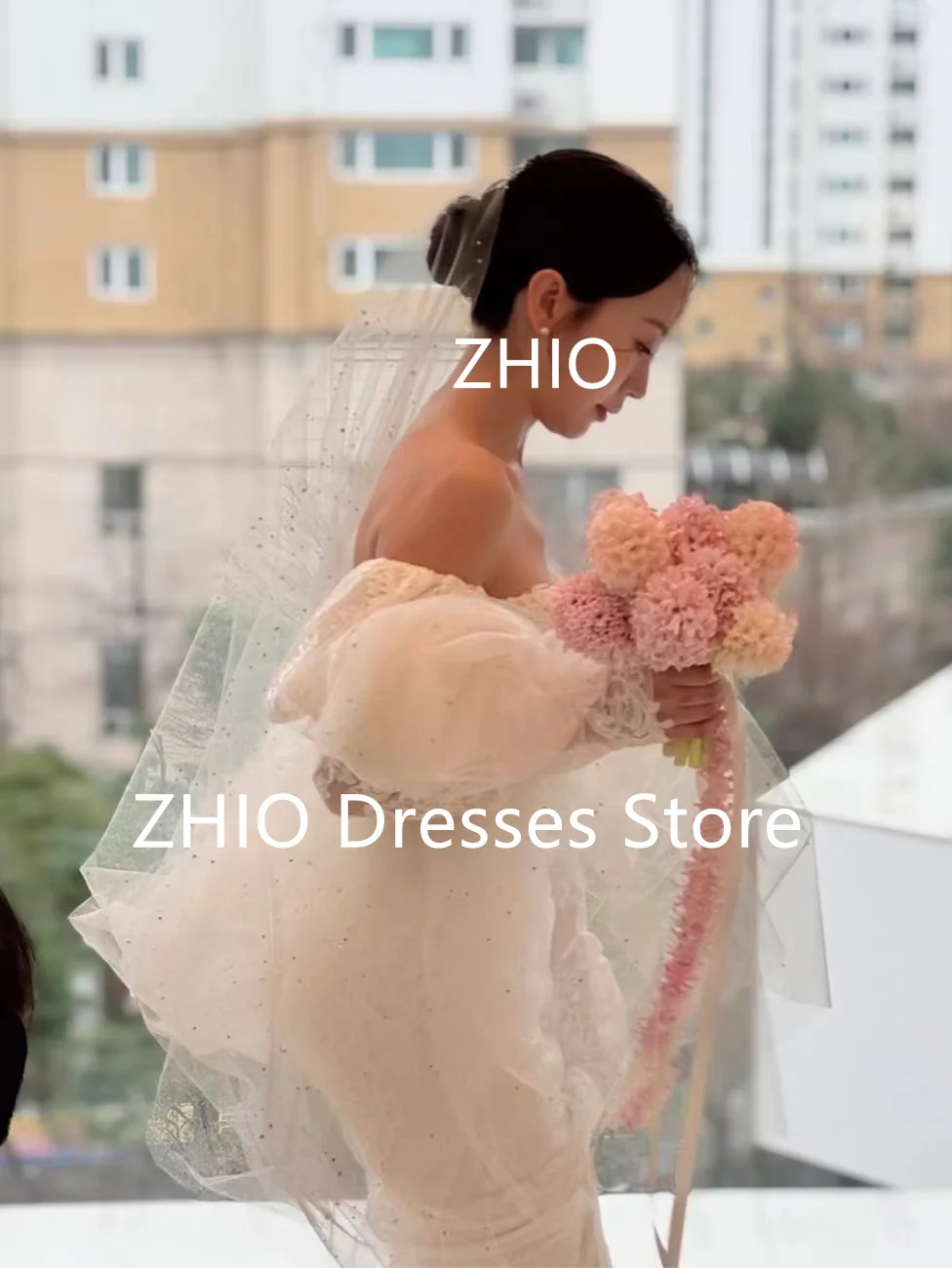 ZHIO ชุดแต่งงานลูกไม้ Mermaid พัฟแขนเกาหลีถ่ายภาพ Sweep Train ชุดเจ้าสาวรัดตัวที่กําหนดเอง Elegant 