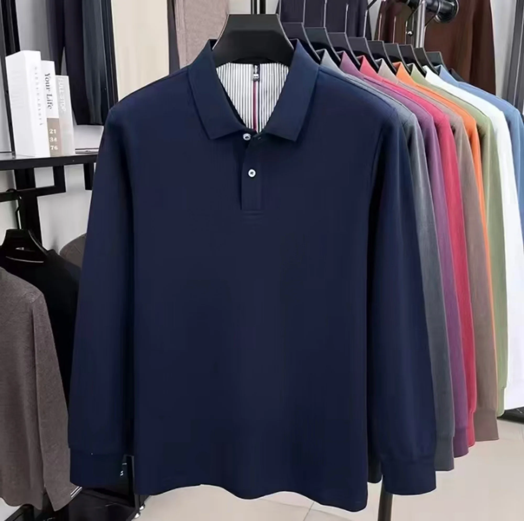 Hochwertiges Herren-Poloshirt aus reiner Baumwolle mit langen Ärmeln, exquisitem Luxuskragen, atmungsaktivem Komfortstoff, vielseitig für den Alltag geeignet. – Detail 7