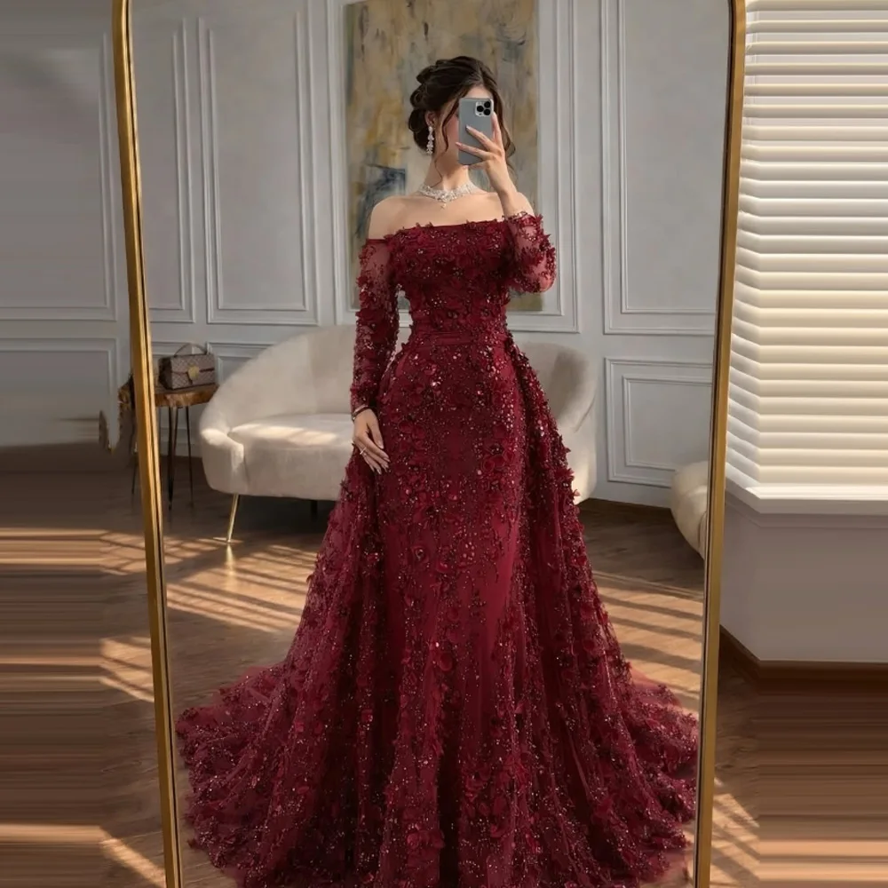 

Customized 2026 Hot Sale Burgundy Formal Dress Off Shoulder 3D Floral Applique Mermaid Maxi Gown Women Wedding