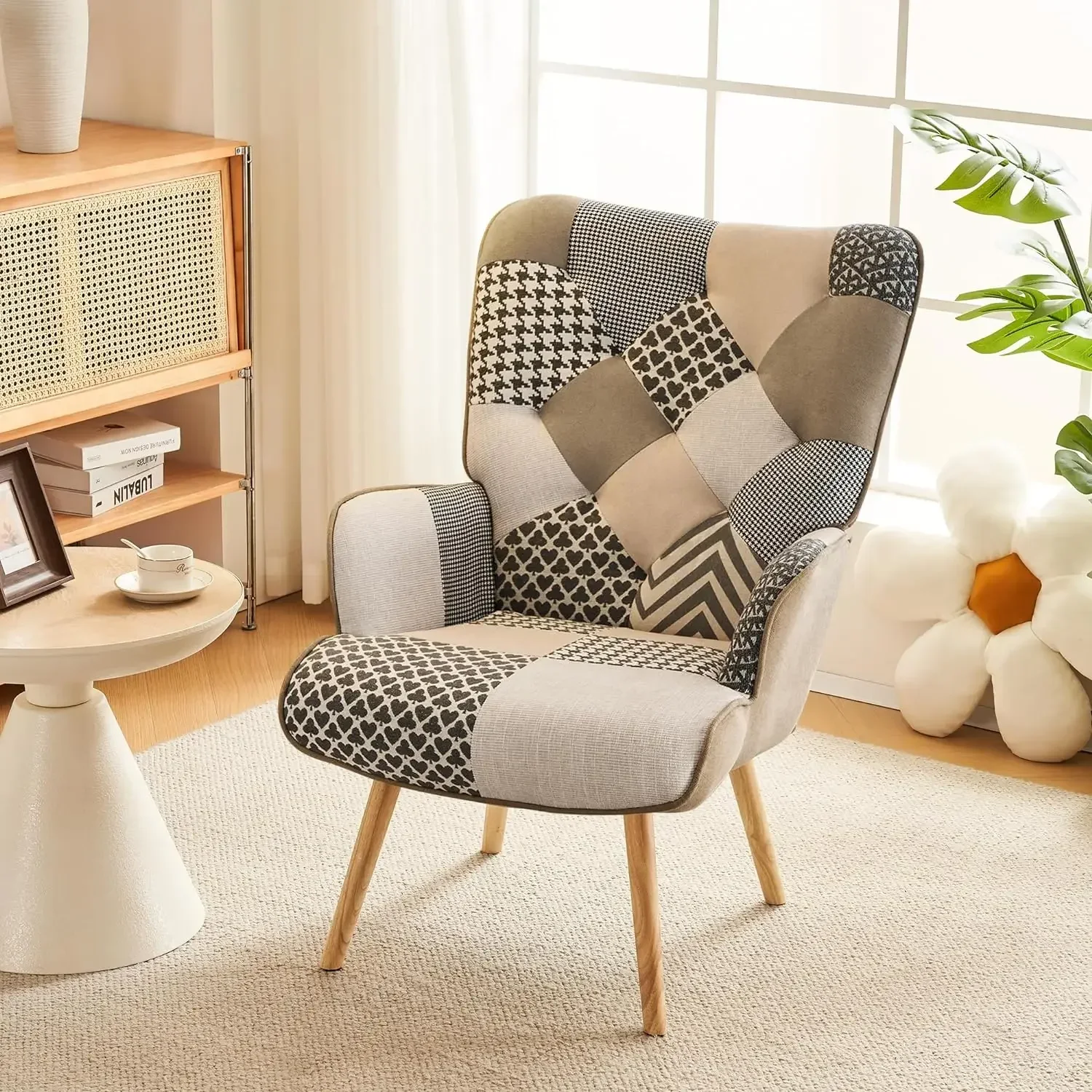 Modern High Back Armchair,Colorful Patchwork Reading Chair for Bedroom,Lounge Chair with Linen Fabric Shell and Solid Wood Feet