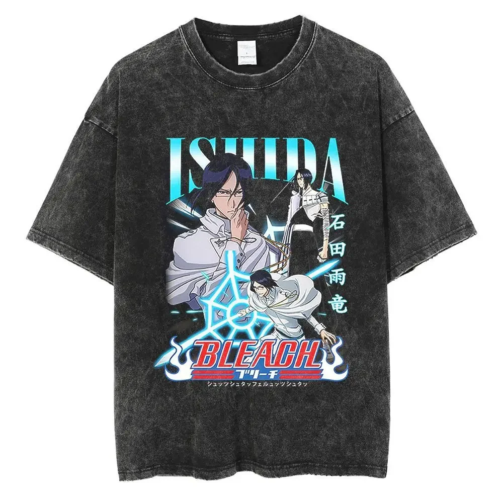 Camiseta BLEACH 2026, Camiseta de Algodón Lavado con Diseño de Uryu Ishida Quincy y Logotipo de BLEACH, Estilo Urbano Informal de Gran Tamaño